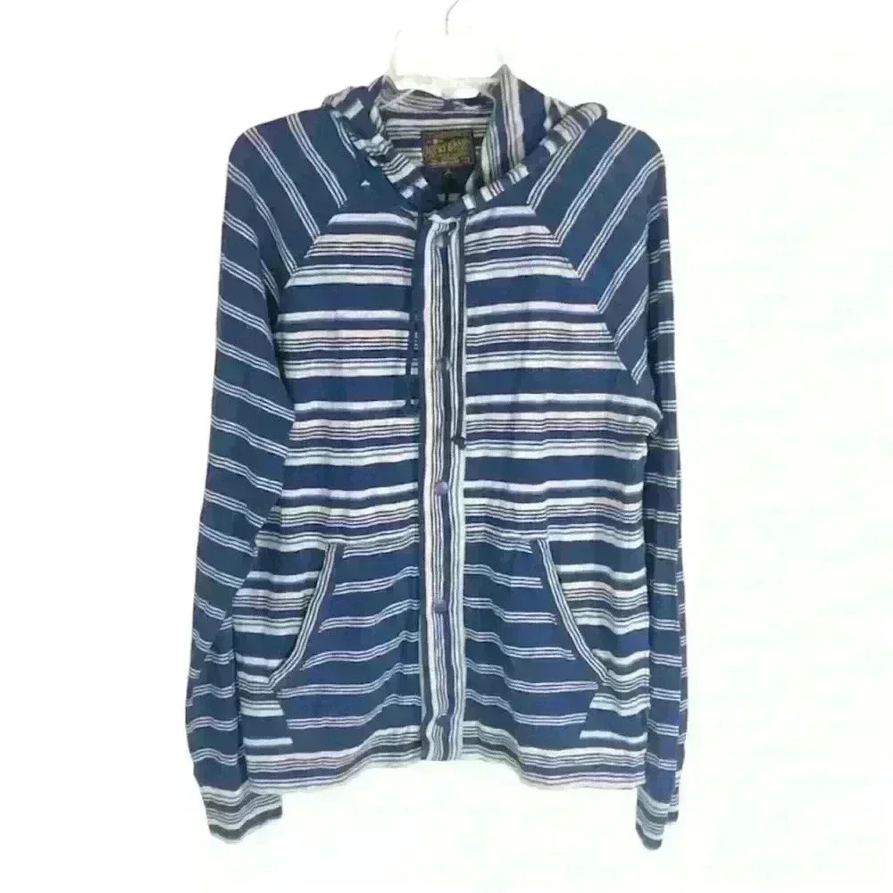 Lucky Brand Mens Blue Striped Button Up Cotton Drawstring Hoodie Sweatshirt